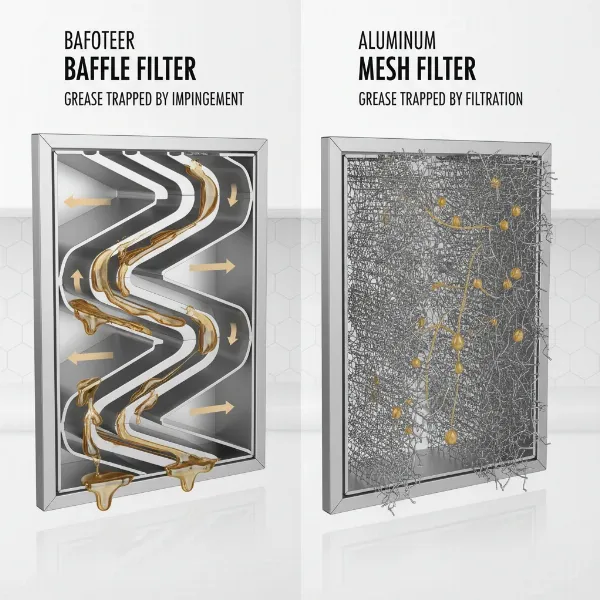 Comparison of baffle and mesh range hood filters highlighting their structural differences