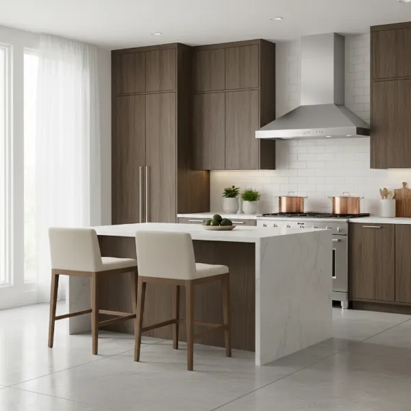 Modern kitchen with a gleaming Cavaliere 30-inch wall-mounted stainless steel range hood above a cooktop