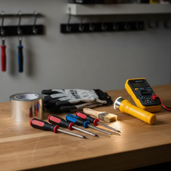 A collection of essential tools for HVAC damper repair including screwdrivers, gloves, tape, and a flashlight.