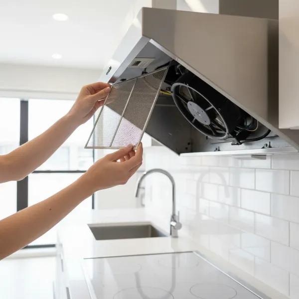 A person removing a metal grease filter from a ductless range hood to access the charcoal filters, showing the clips and interior of the hood, clean kitchen style