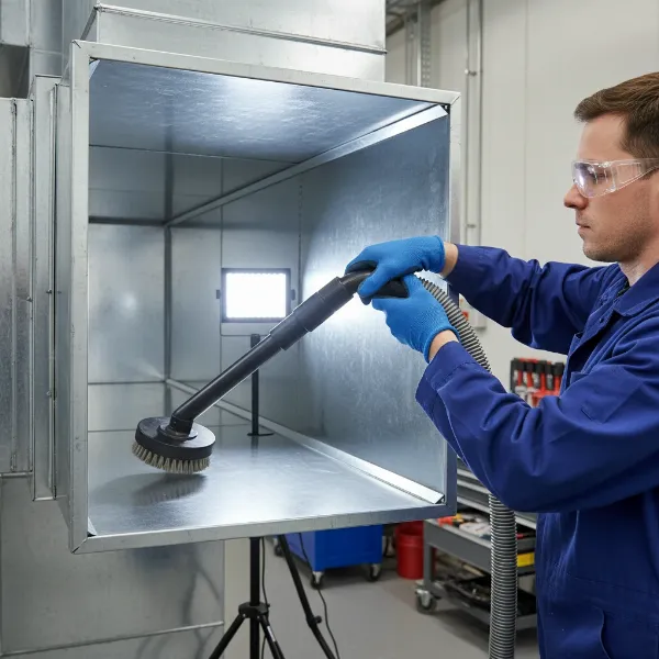 A person cleaning HVAC ductwork to prevent damper issues and ensure efficient airflow.