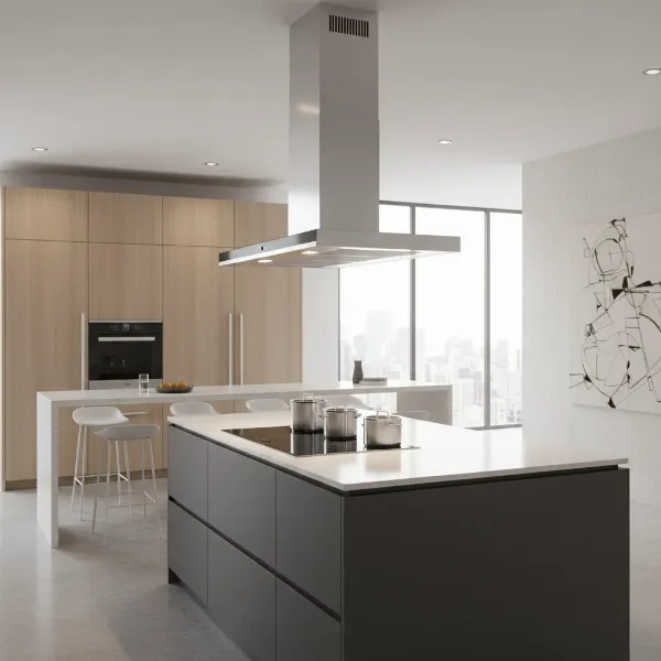 Sleek stainless steel Empava 36-inch island range hood with bright LED lights illuminating a modern kitchen island.