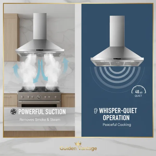 A graphic representing the suction power and quiet operation of a Golden Vantage range hood in a kitchen setting.