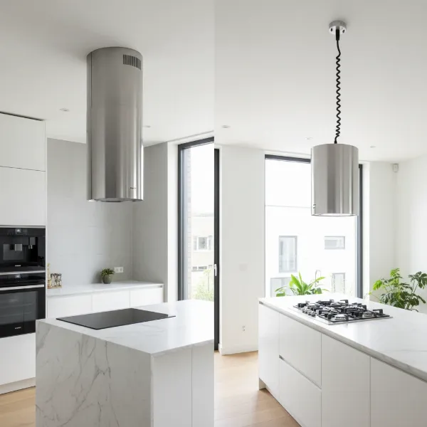 A modern kitchen with two range hood installation types: one sleek hardwired hood above a stovetop, and another with a visible plug-in cord. 
