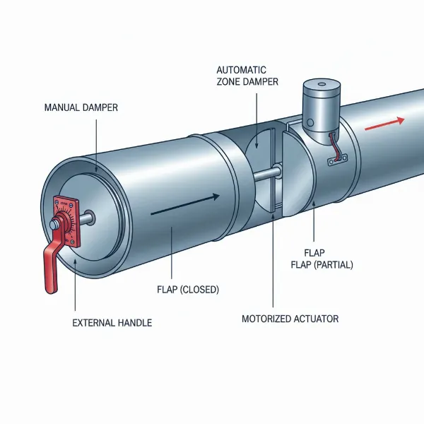 Illustration of HVAC ductwork with a manual damper handle and an automatic zone damper for understanding components.