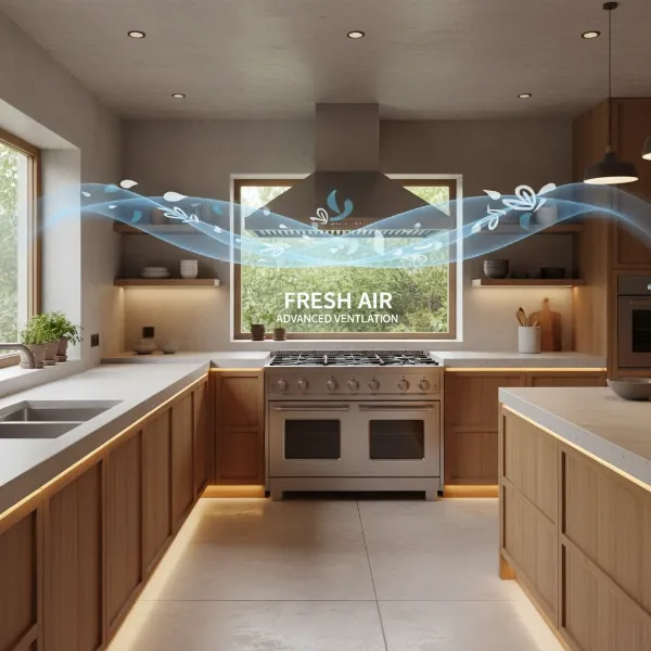 A serene kitchen scene with a subtle graphic overlay illustrating clean air circulating due to an effective range hood, emphasizing improved air quality
