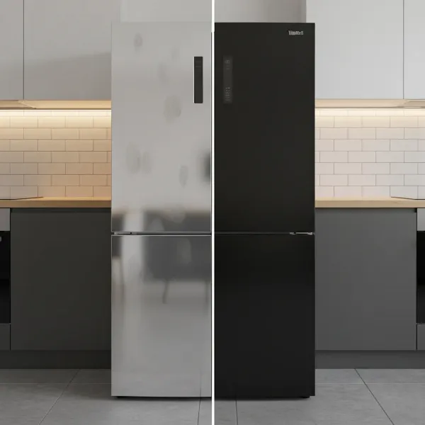 A side-by-side comparison of a shiny stainless steel and a matte black appliance, highlighting their different maintenance needs in a modern kitchen setting.
