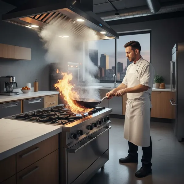 A chef preparing a meal on a gas stove with a high-performance range hood actively pulling steam and smoke upwards