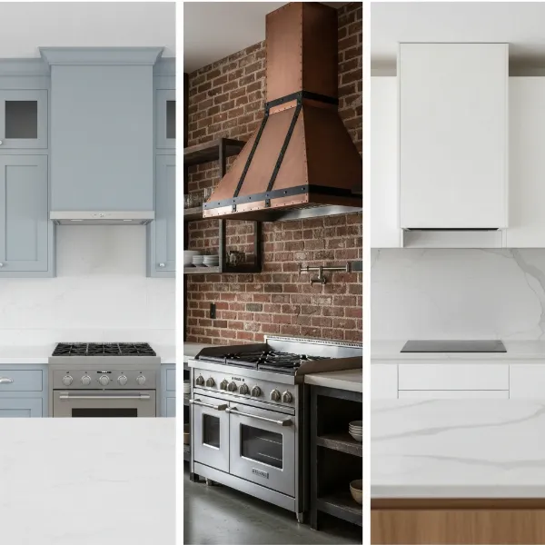 Various types of range hoods in different kitchen settings