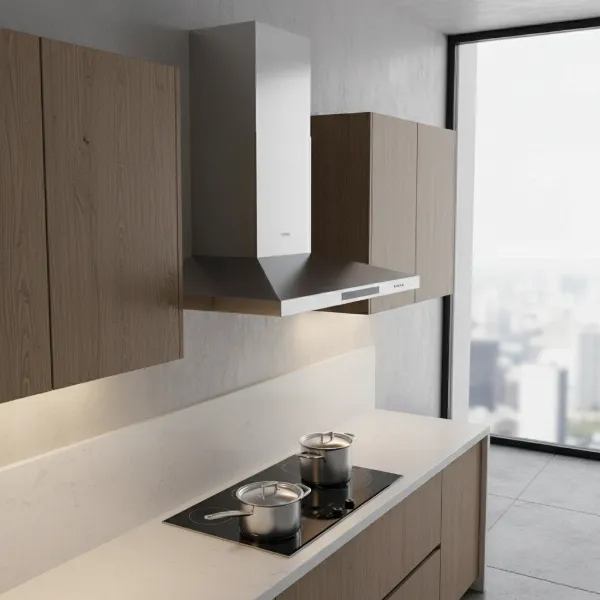 Miele PUR88W 30-inch wall ventilation hood installed in a modern kitchen with LED lighting