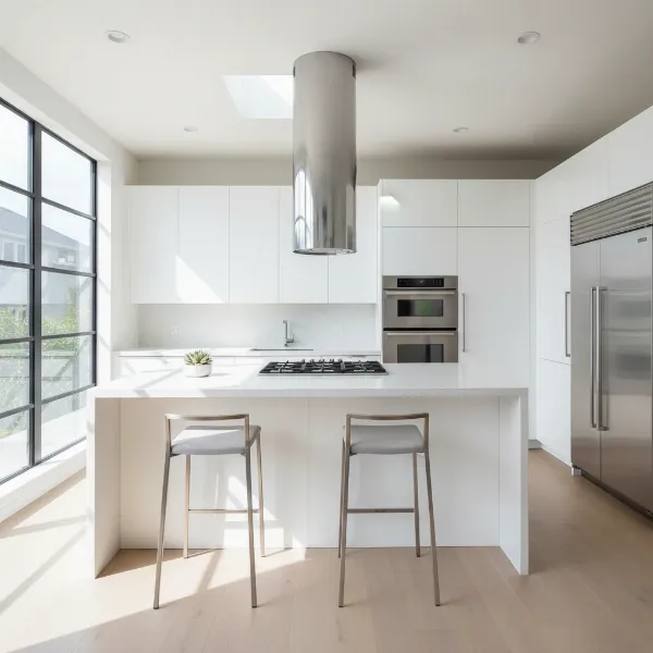 A sleek stainless steel island range hood hanging above a minimalist kitchen island cooktop in an open-concept living space, bright and inviting.