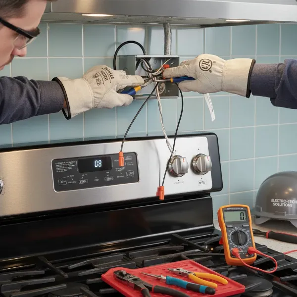 A professional electrician safely installing a hardwired range hood, demonstrating proper wiring techniques. 