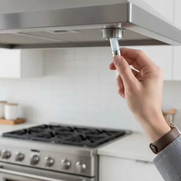 A close-up of a hand carefully replacing a small LED bulb in a range hood light socket.