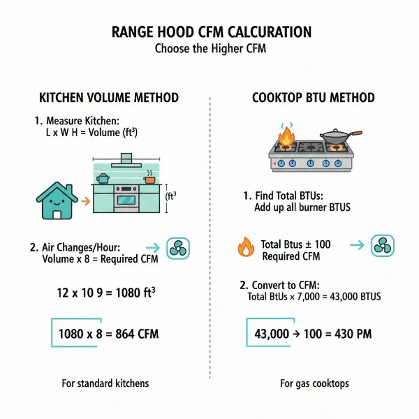 An infographic or diagram illustrating how to calculate CFM for a range hood based on kitchen size and cooktop BTU.