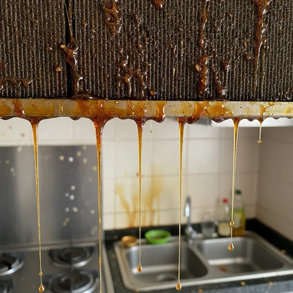A close-up of a range hood filter heavily saturated with dripping grease, highlighting the need for cleaning.