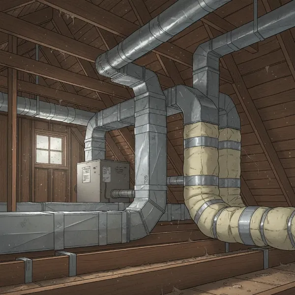 An illustration of sealed and insulated HVAC ductwork in an attic, preventing cold air leaks and improving energy efficiency.