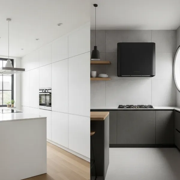 A modern kitchen showcasing both a hidden slide-out range hood and a sleek fixed range hood side-by-side to illustrate space-saving and design differences.