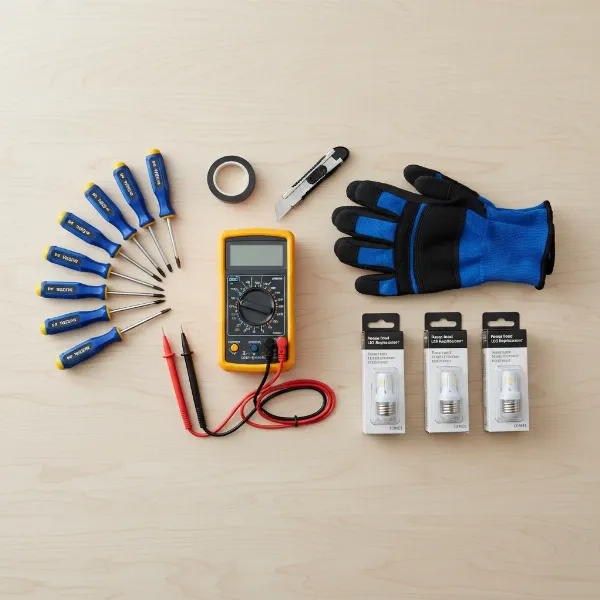 A collection of tools including a multimeter, screwdrivers, and work gloves on a workbench, ready for appliance repair.