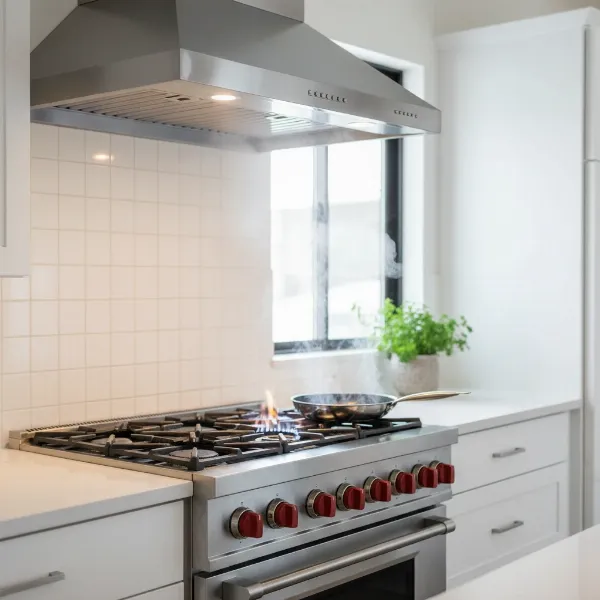 Sleek stainless steel wall-mount range hood above a modern gas stove, demonstrating effective kitchen ventilation for high BTU cooking