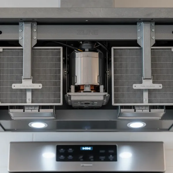 Close-up of the interior of a ZLINE range hood, showing the powerful motor, baffle filters, and LED lighting system, emphasizing durability and efficiency.