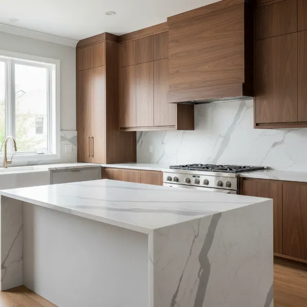 A sophisticated kitchen featuring a ZLINE wooden wall mount range hood in a walnut finish, seamlessly integrated above a gas range, highlighting its elegant design and focal point aesthetic.